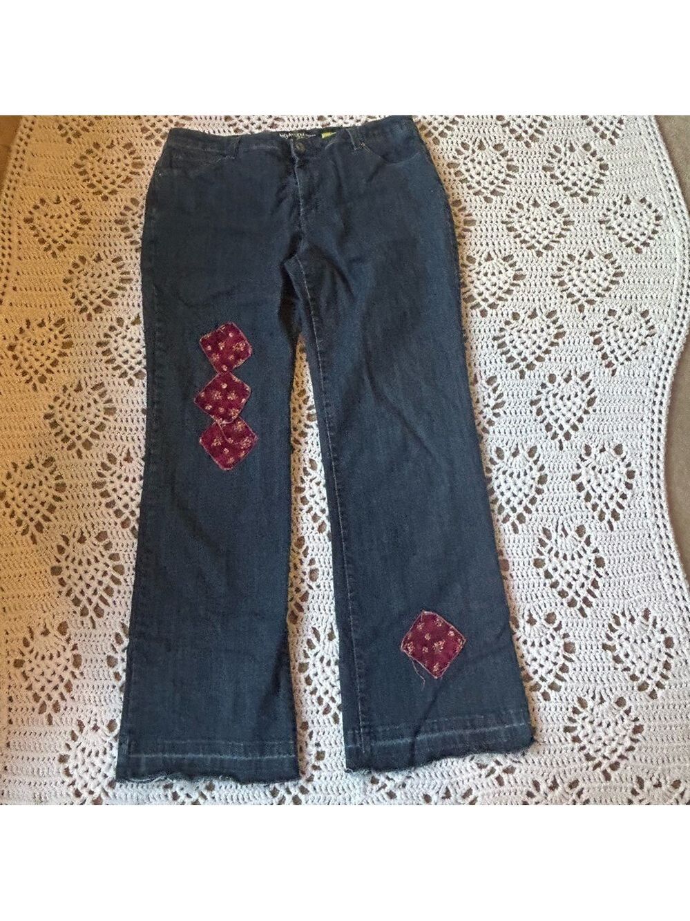 Women’s Style & Co. Jeans Flare Leg Raw Hem 16W Petite Floral Patches Tummy
